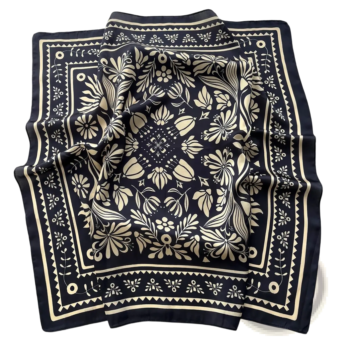 A luxurious navy blue silk square scarf with cream floral and geometric patterns for retro neckerchief or hair band use