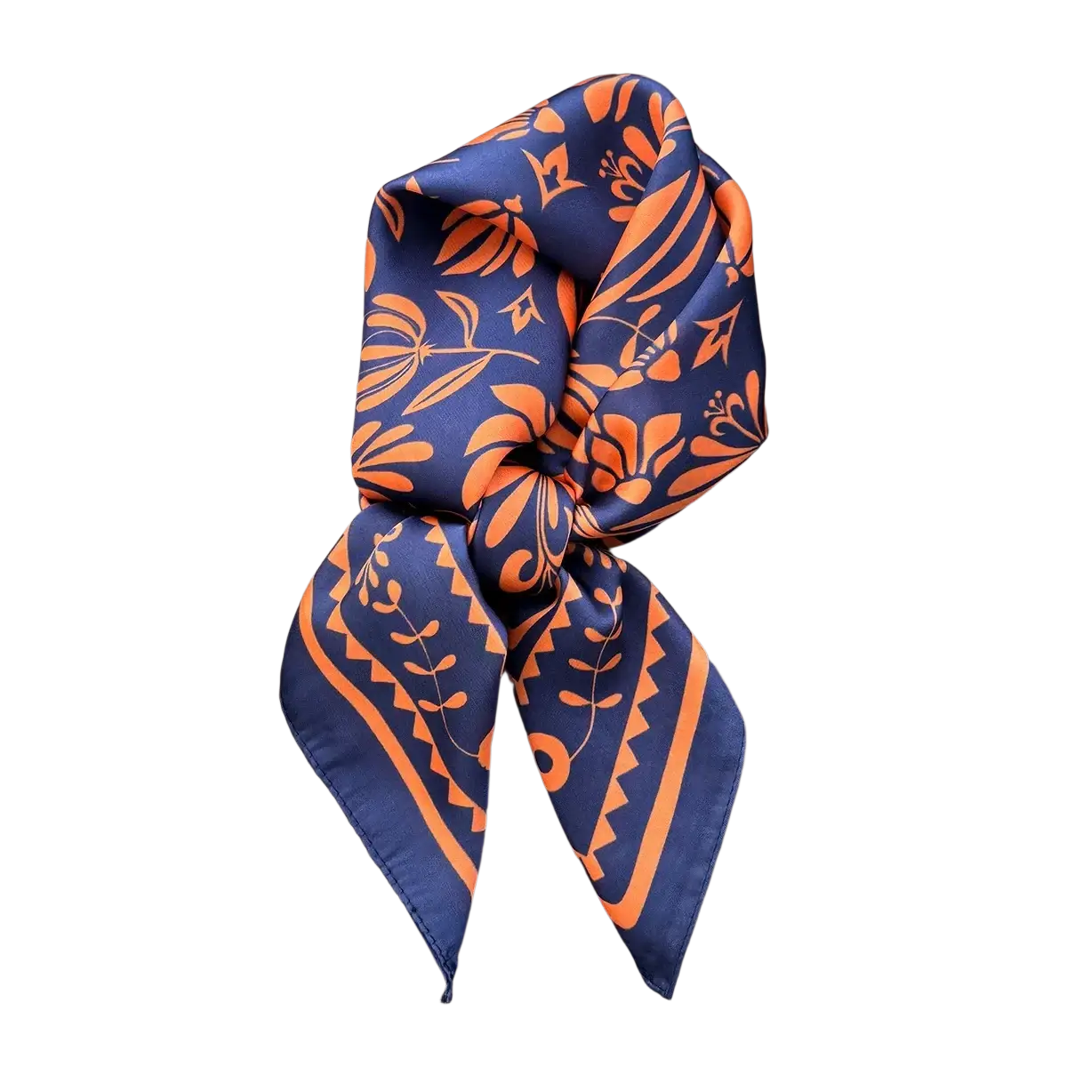 A navy blue and orange floral-patterned silk square scarf tied in a bow in a gift box for neck or hair use