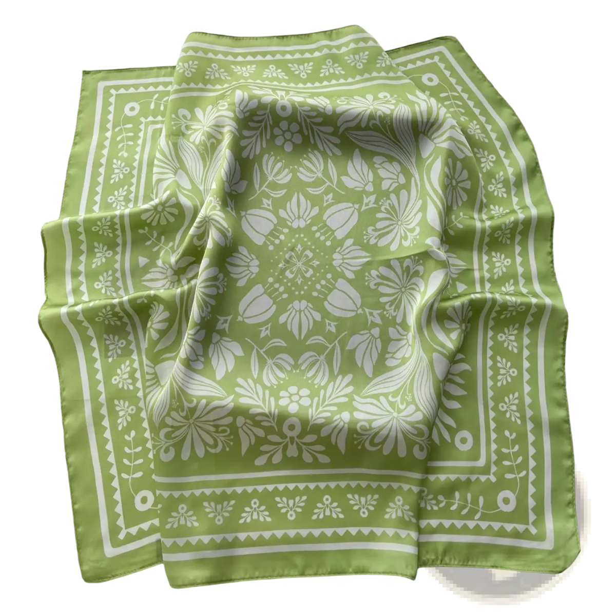 A soft lime green silk square scarf with an intricate white floral botanical pattern and decorative border perfect as a neckerchief or hair band