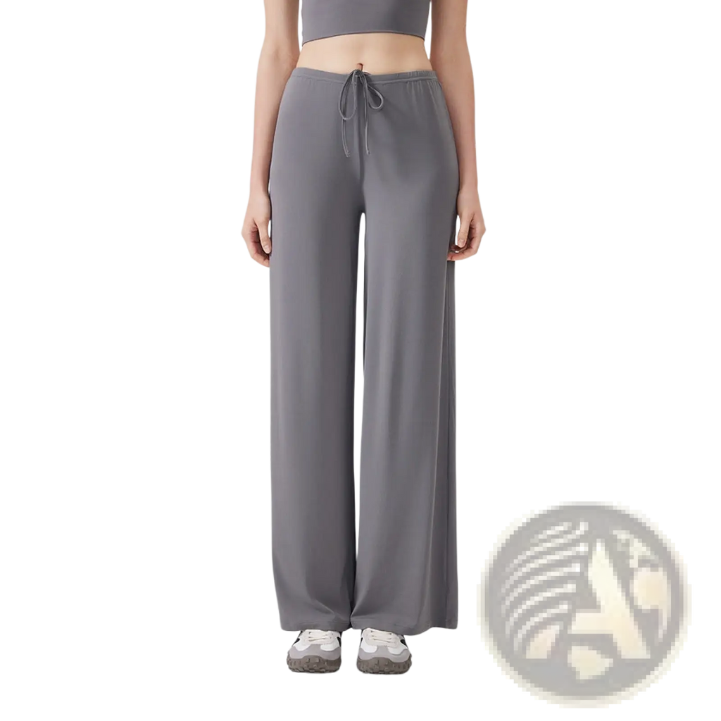 Gray silk wide leg yoga pants with a drawstring waistband designed for comfort and easy movement