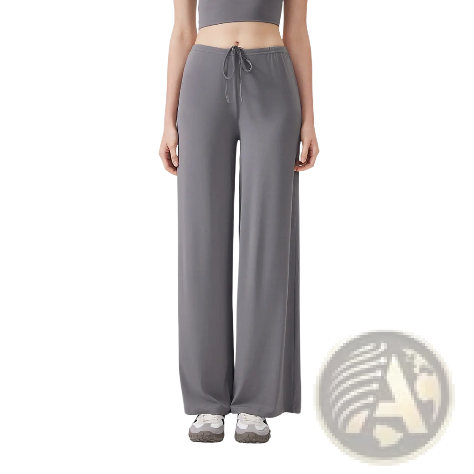 Gray silk wide leg yoga pants with a drawstring waistband designed for comfort and easy movement