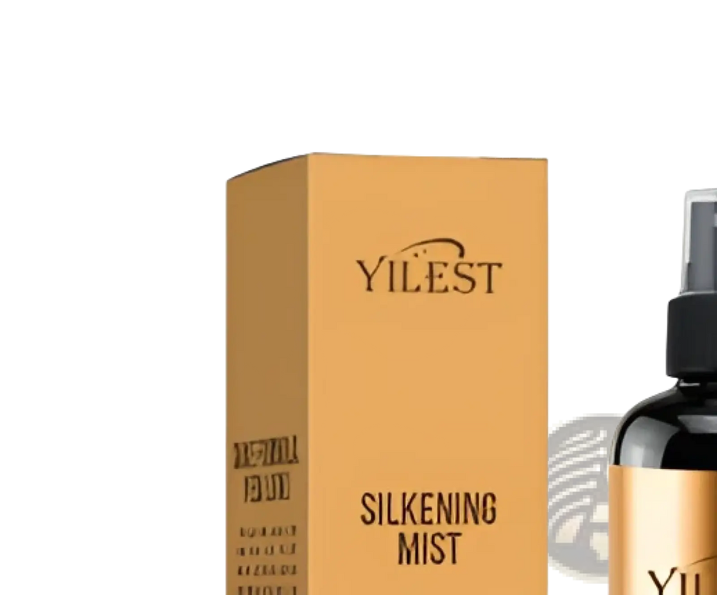 The yilest silkening mist hair spray oil control is a sleek amber spray bottle with a black nozzle and cap 100ml