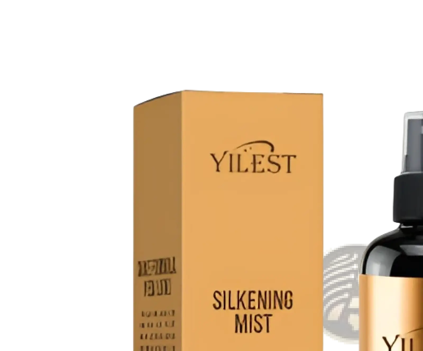The yilest silkening mist hair spray oil control is a sleek amber spray bottle with a black nozzle and cap 100ml