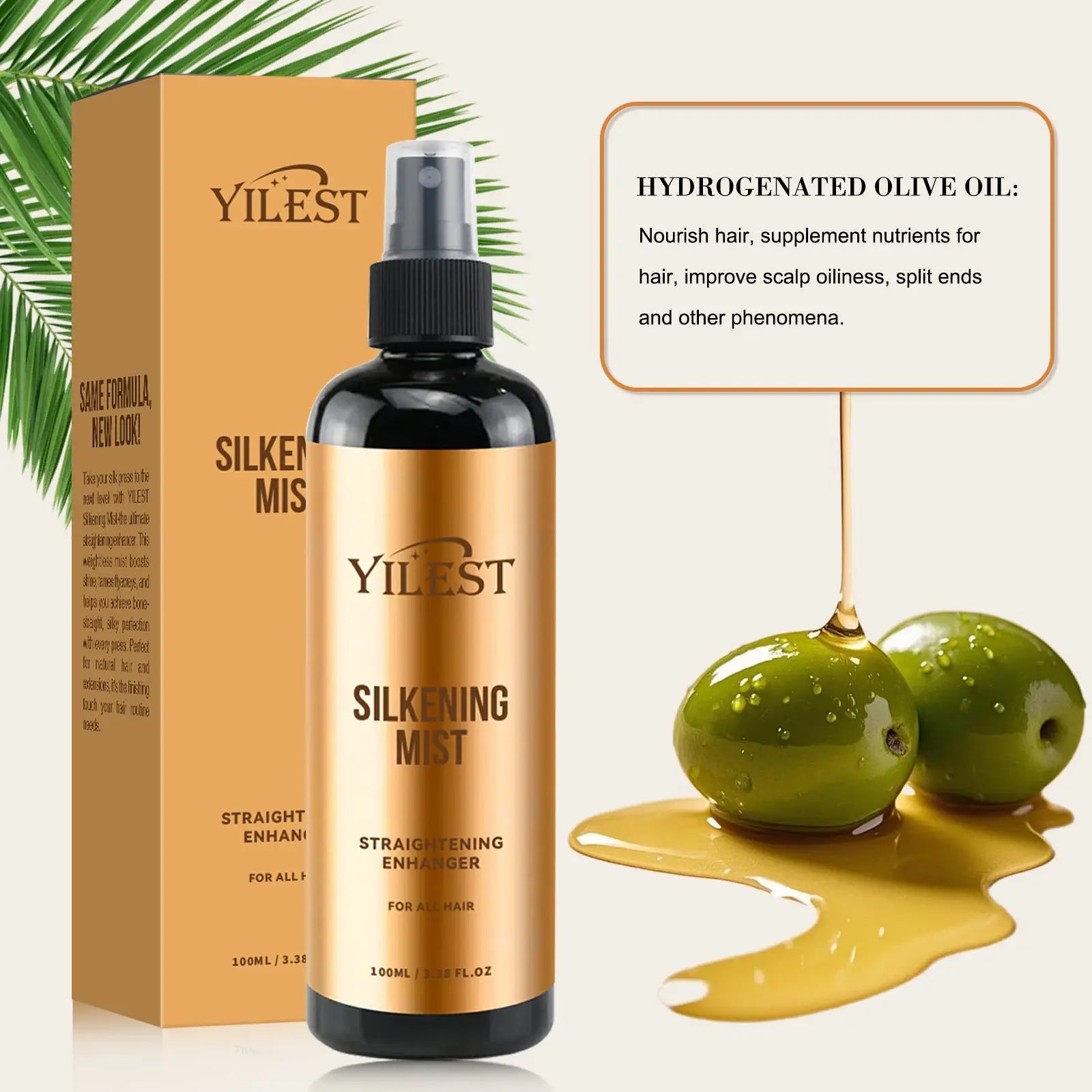 Yilest silkening mist black 100ml spray bottle with gold label designed as a hair straightening enhancer for all hair types