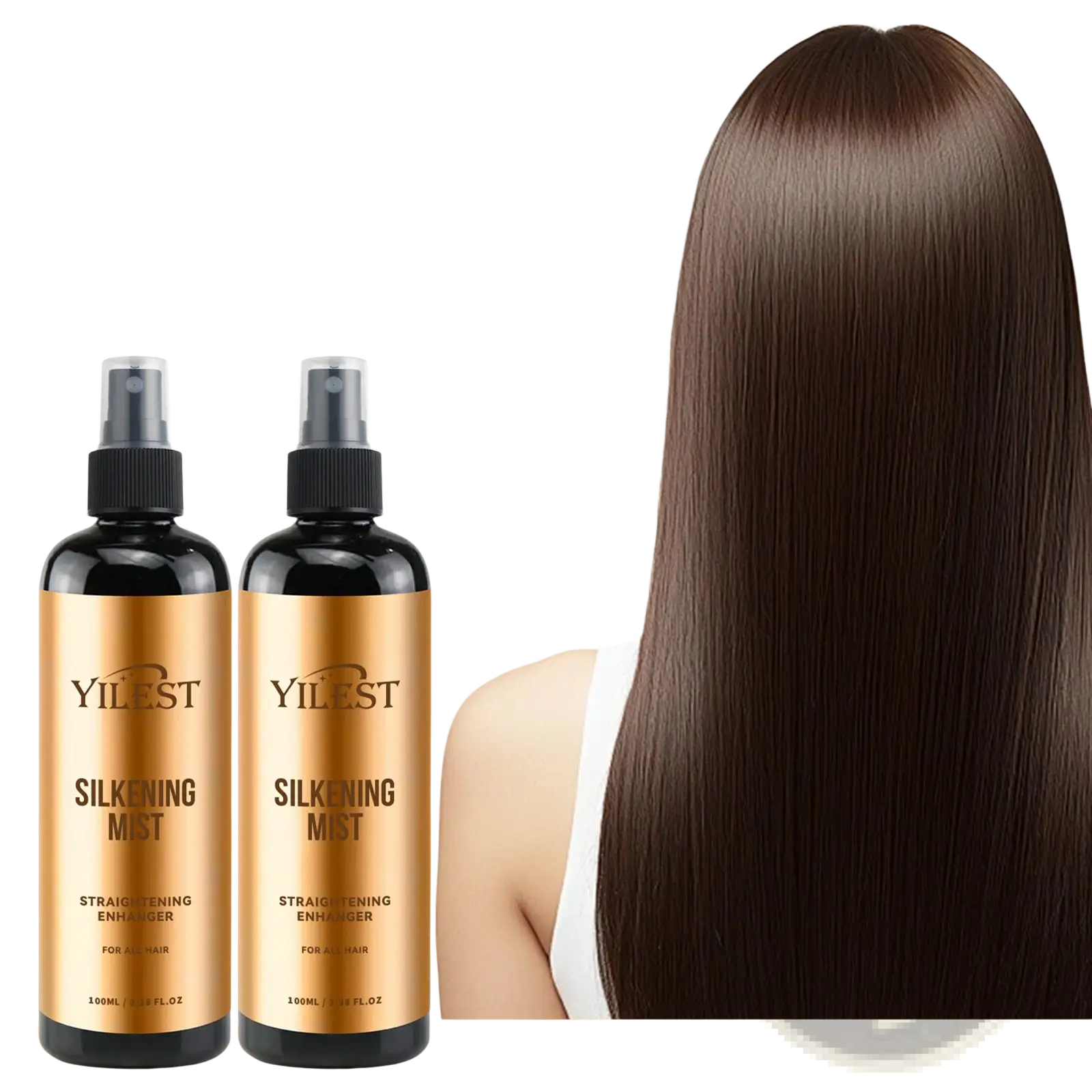 Two black yilest silkening mist spray bottles with gold labels and black caps for all hair oil control 100ml