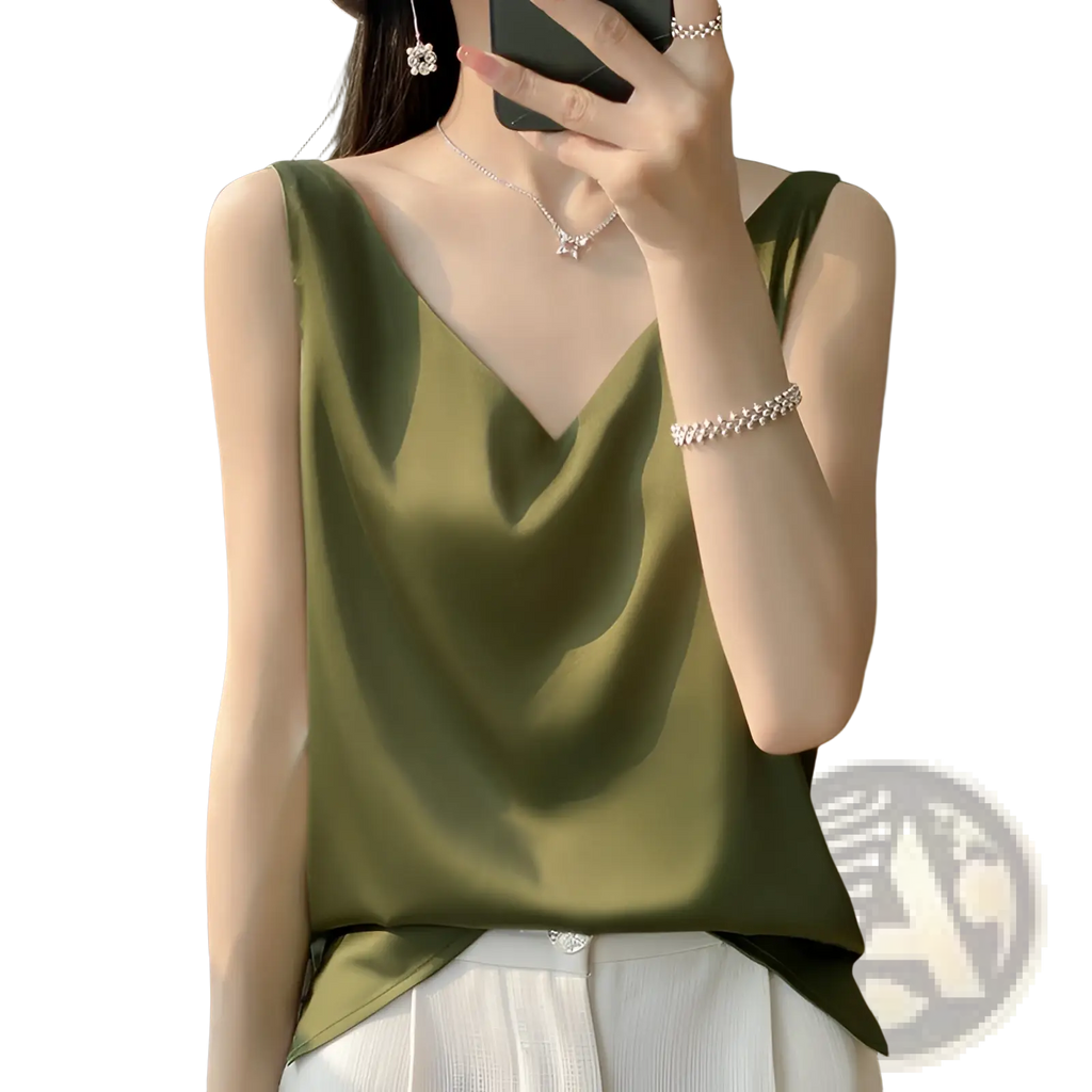 Olive green silky satin sleeveless camisole top with deep v-neckline perfect for elegant evening wear