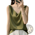 Olive green silky satin sleeveless camisole top with deep v-neckline perfect for elegant evening wear