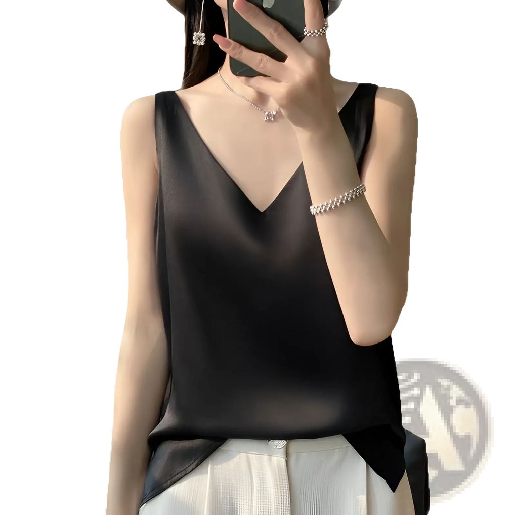 Black satin sleeveless camisole top with deep v-neckline and asymmetrical hem in silky satin material