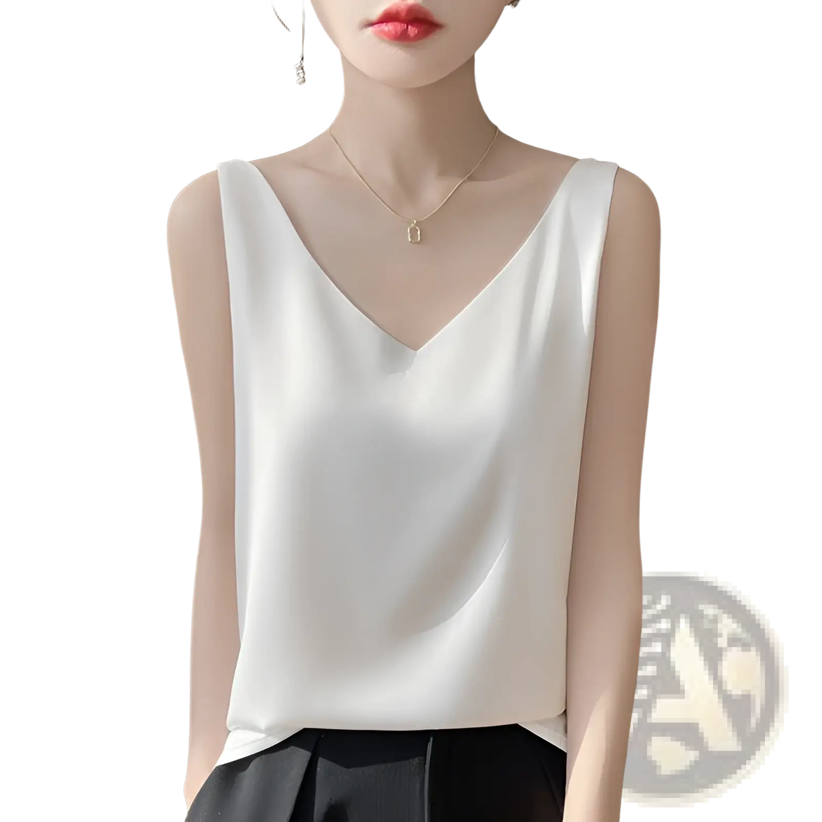 White satin sleeveless silky satin v-neck camisole top with a smooth finish and elegant design