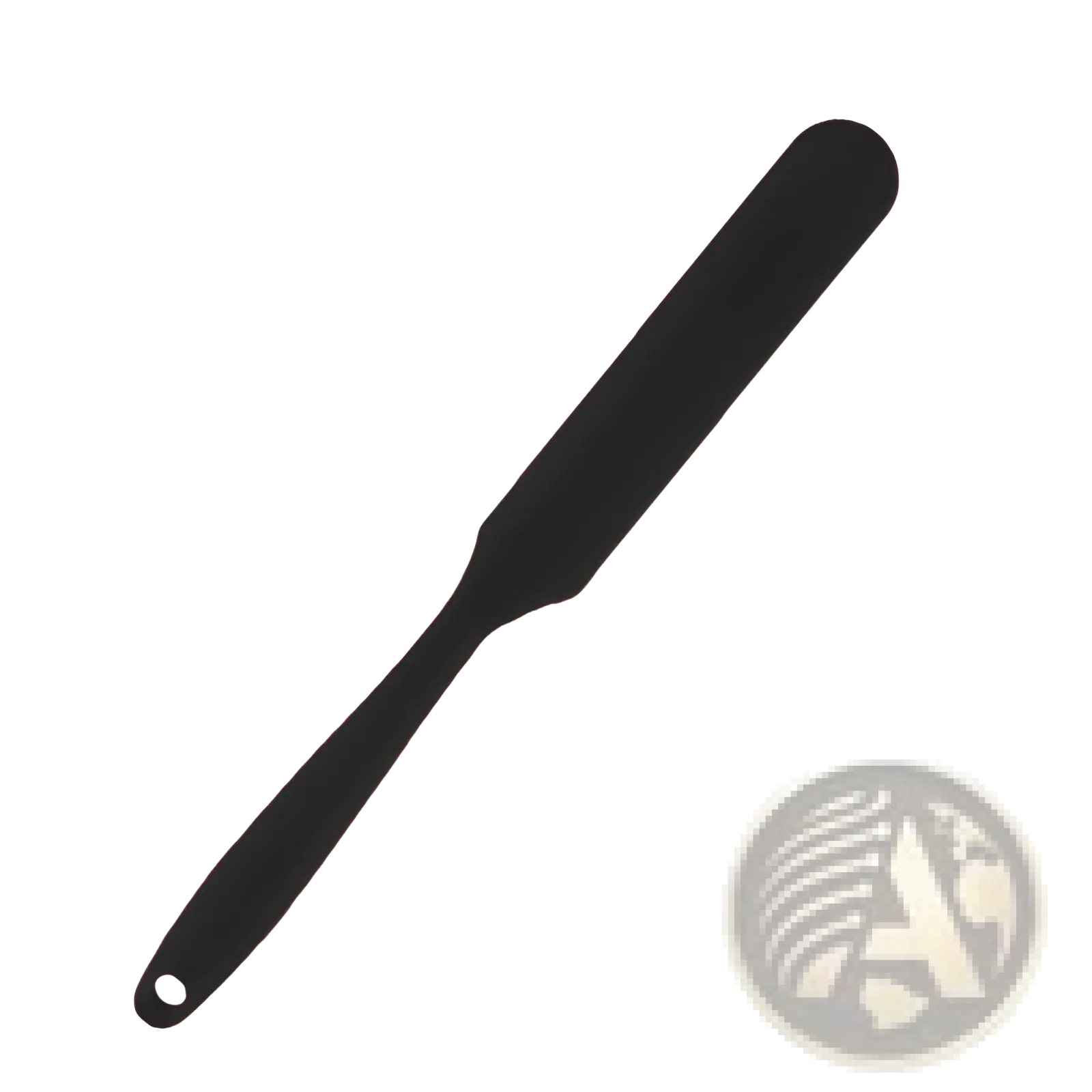 Black silicone spatula from Silone baking spatula set with smooth rounded blade and hole in handle for heat resistance