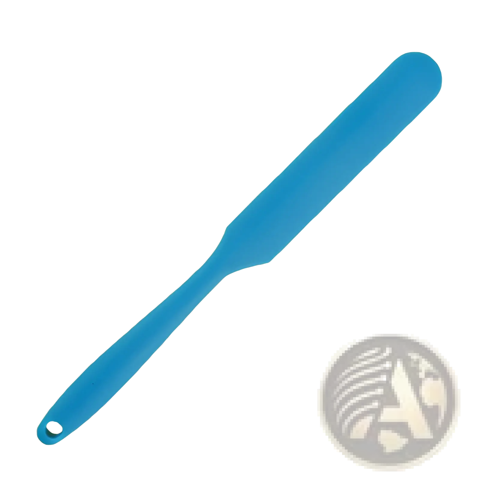 Blue silicone baking spatula with smooth rounded handle and flat blade from silone heat resistant spatula set