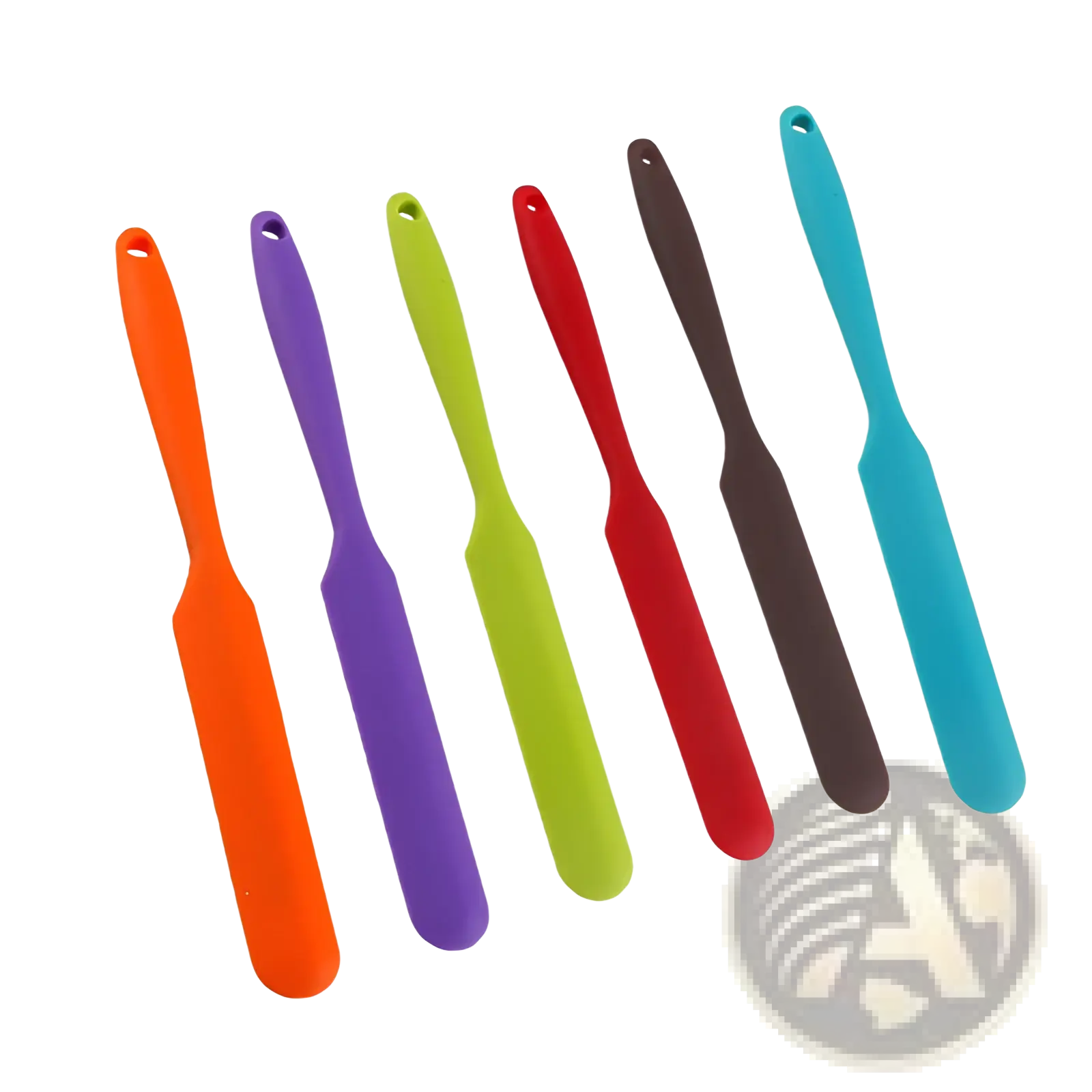Set of six colorful silicone baking spatulas in orange purple green red brown and teal heat resistant tools