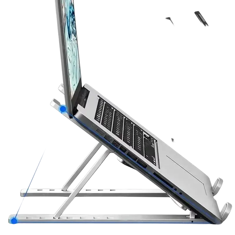 Silver aluminum adjustable laptop stand with foldable design and height adjustment for ergonomic use