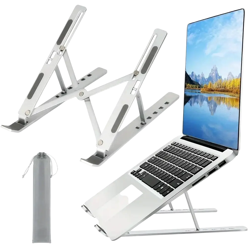 Silver aluminum adjustable laptop stand with built-in cable management slots and adjustable height for ergonomic use