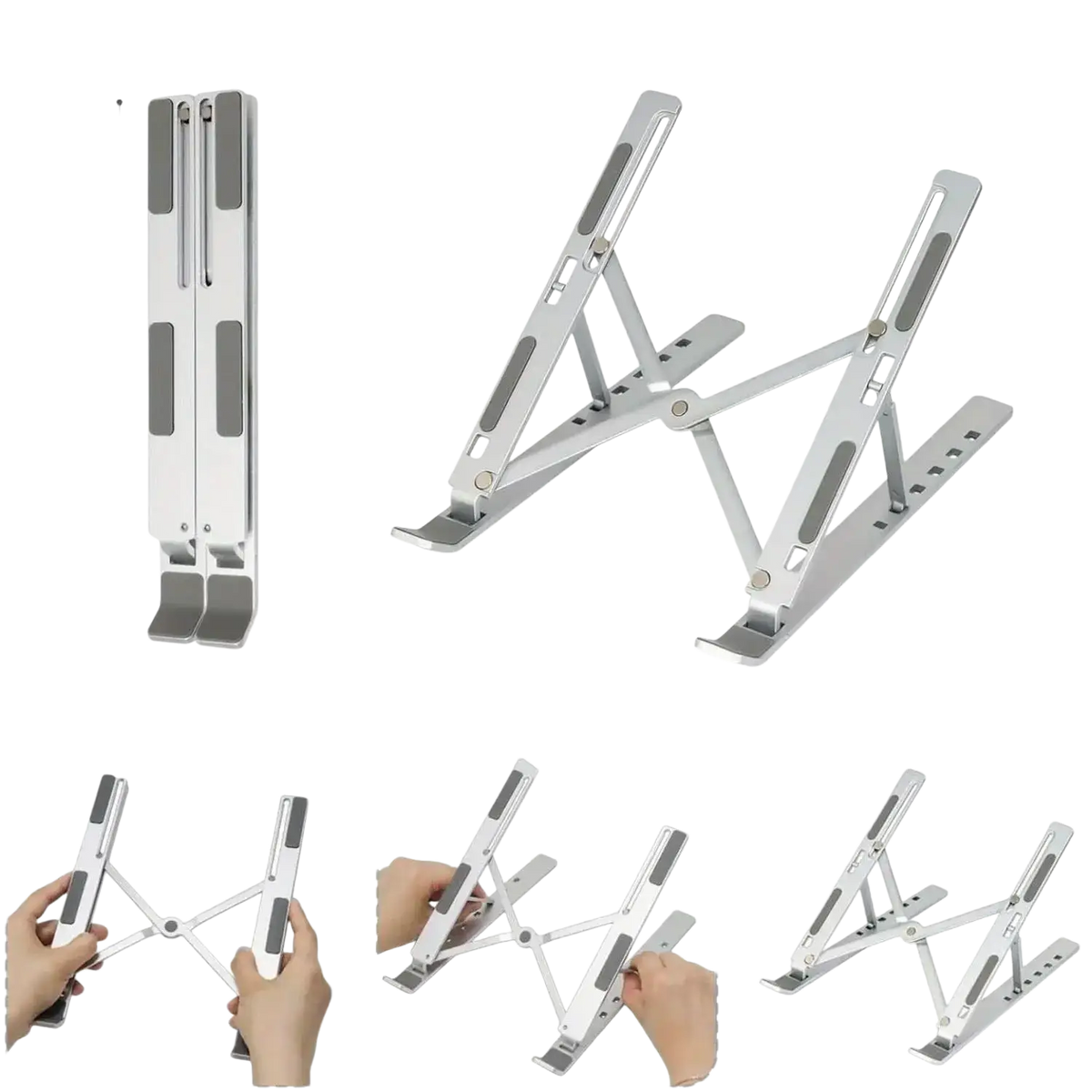 Silver aluminum adjustable laptop stand with foldable design and height adjustment for ergonomic use