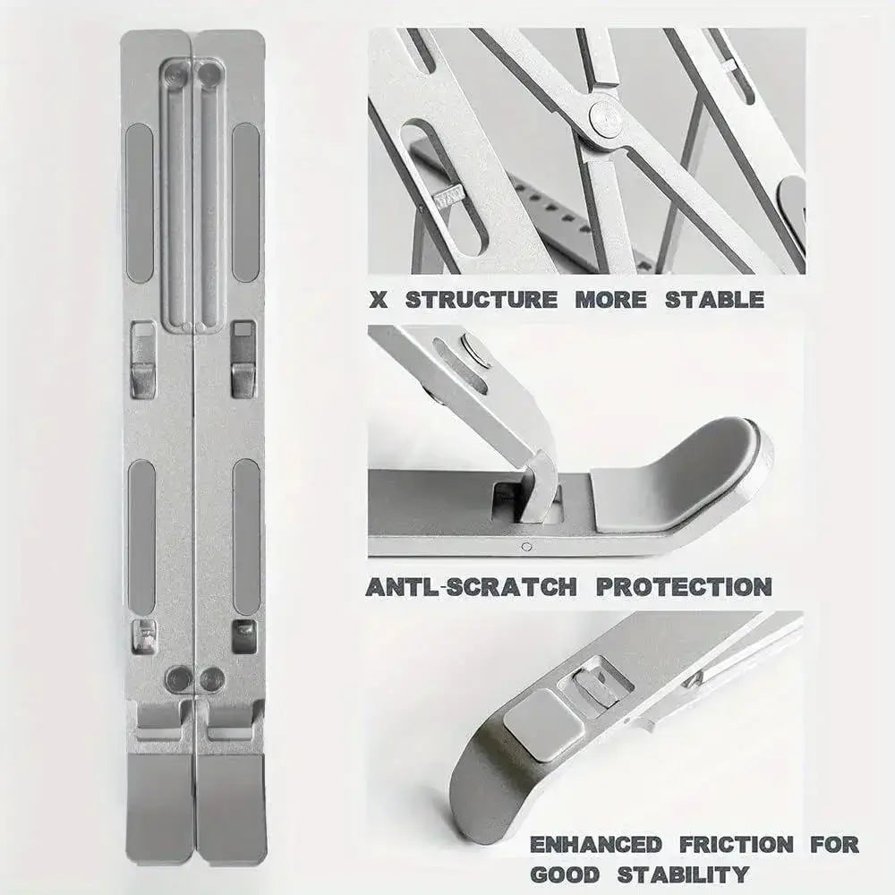 Silver aluminum adjustable laptop stand with x-shaped frame design and anti-scratch protective pads