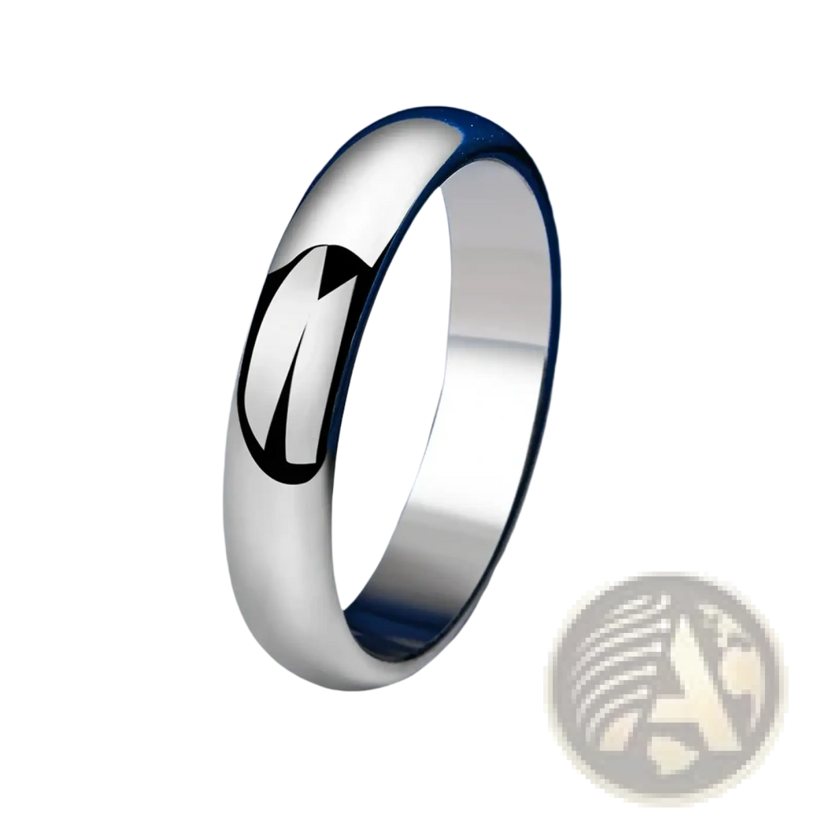 Silver band ring 925 sterling silver with a minimalist black engraved logo on its polished surface