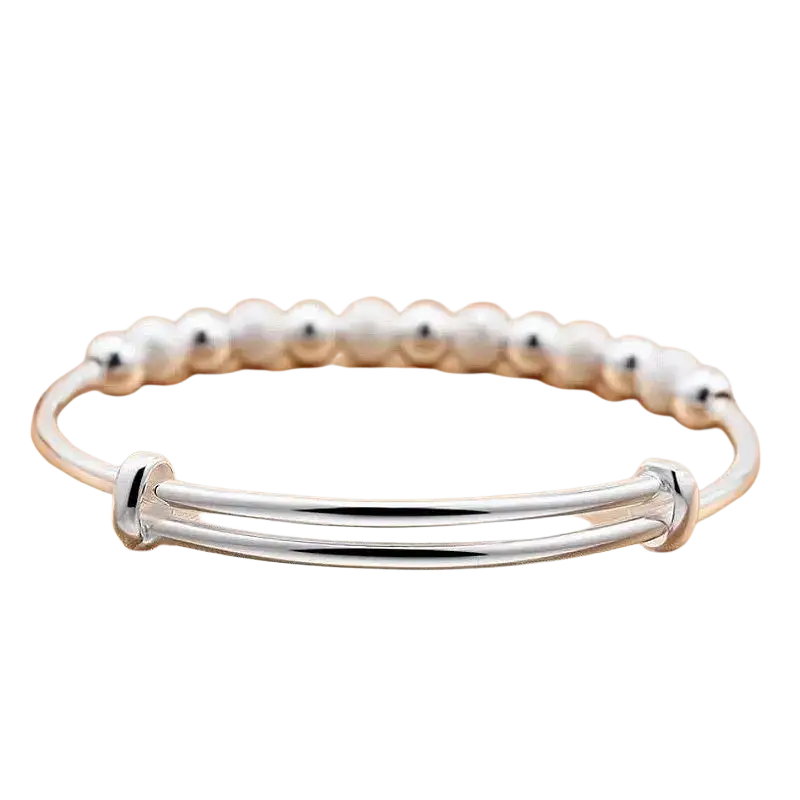 Silver beaded bangle bracelet for women with sleek minimalist design featuring two parallel bars and small spheres