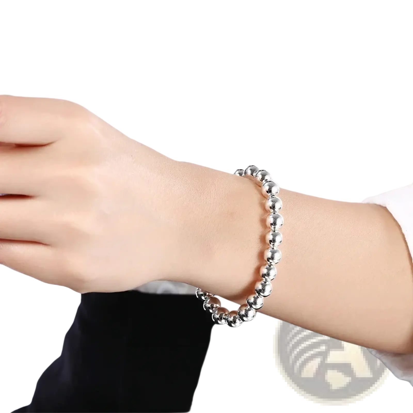 Silver beaded bracelet with a simple elegant design worn on the wrist from the sterling silver jewelry set