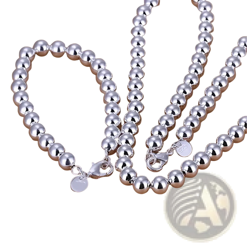 Silver beaded jewelry set sterling silver necklace with sleek polished finish and matching clasp