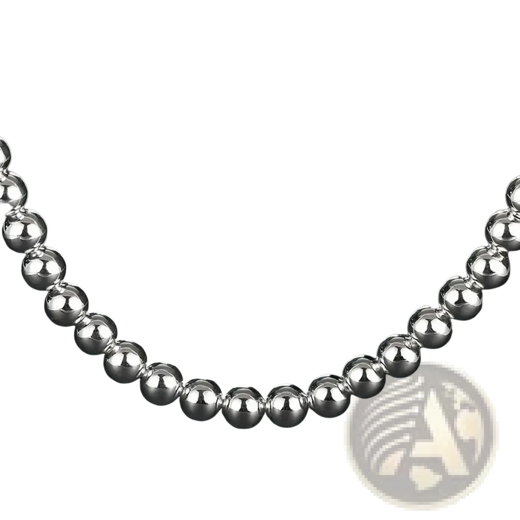 A sleek silver-toned sterling silver necklace with uniformly sized spherical beads from a silver beaded jewelry set