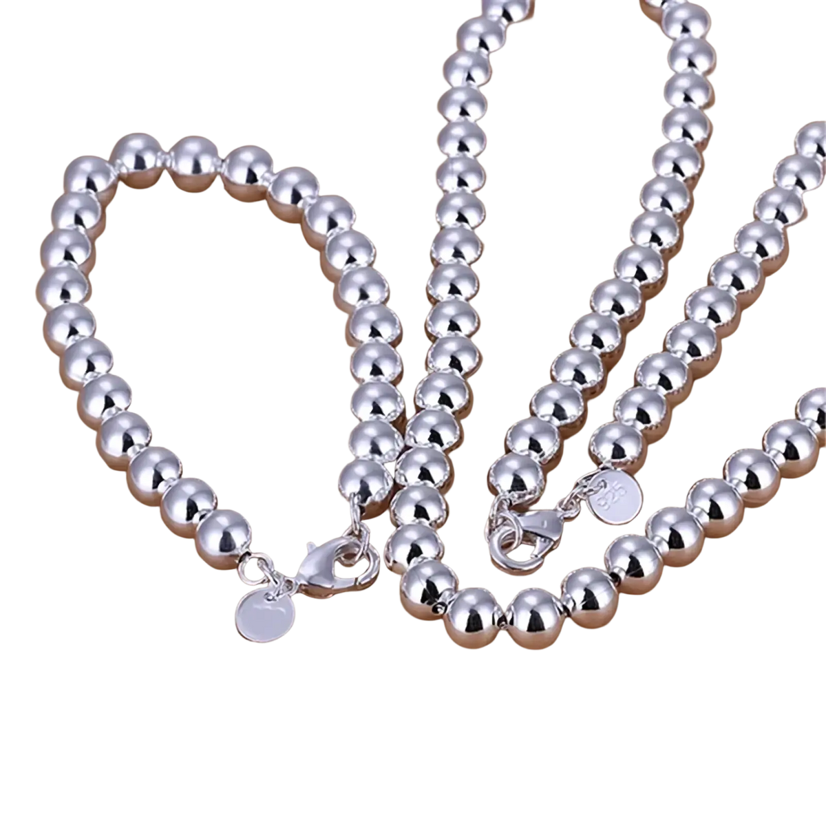 Silver beaded jewelry set sterling silver necklace with sleek polished finish and matching clasp