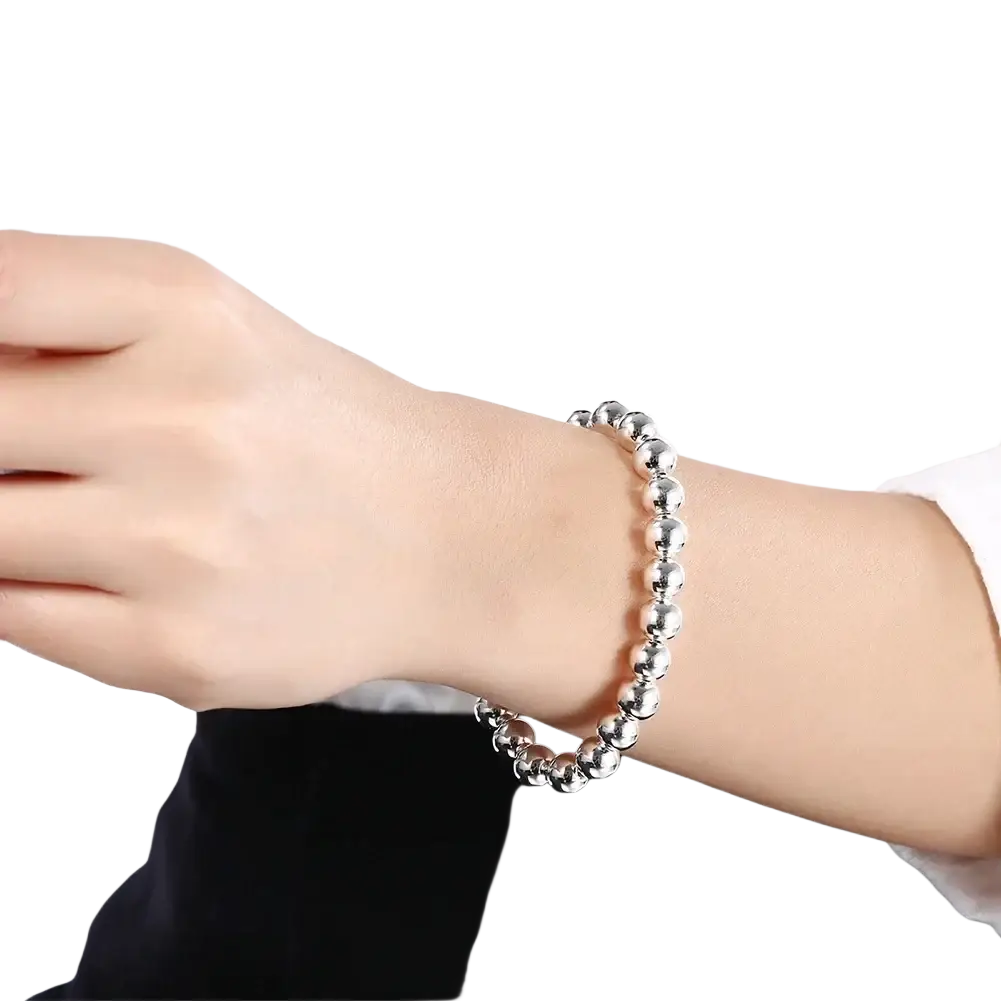 Silver beaded bracelet with a simple elegant design worn on the wrist from the sterling silver jewelry set