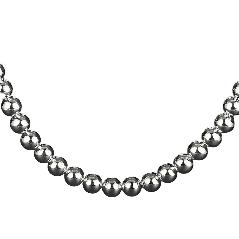 A sleek silver-toned sterling silver necklace with uniformly sized spherical beads from a silver beaded jewelry set
