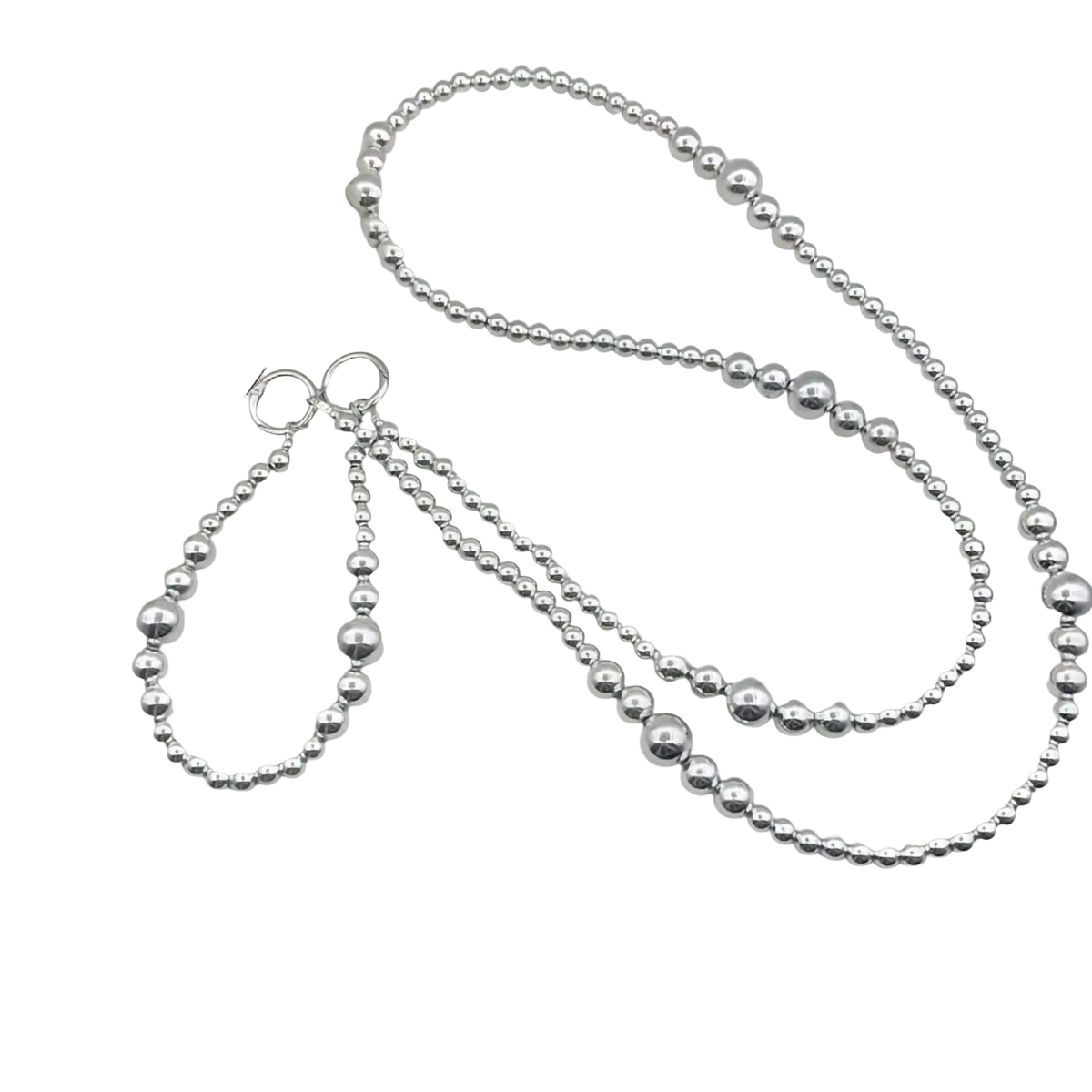 Silver beaded phone charm strap and wallet chain with double-strand design and small circular clasps in silver