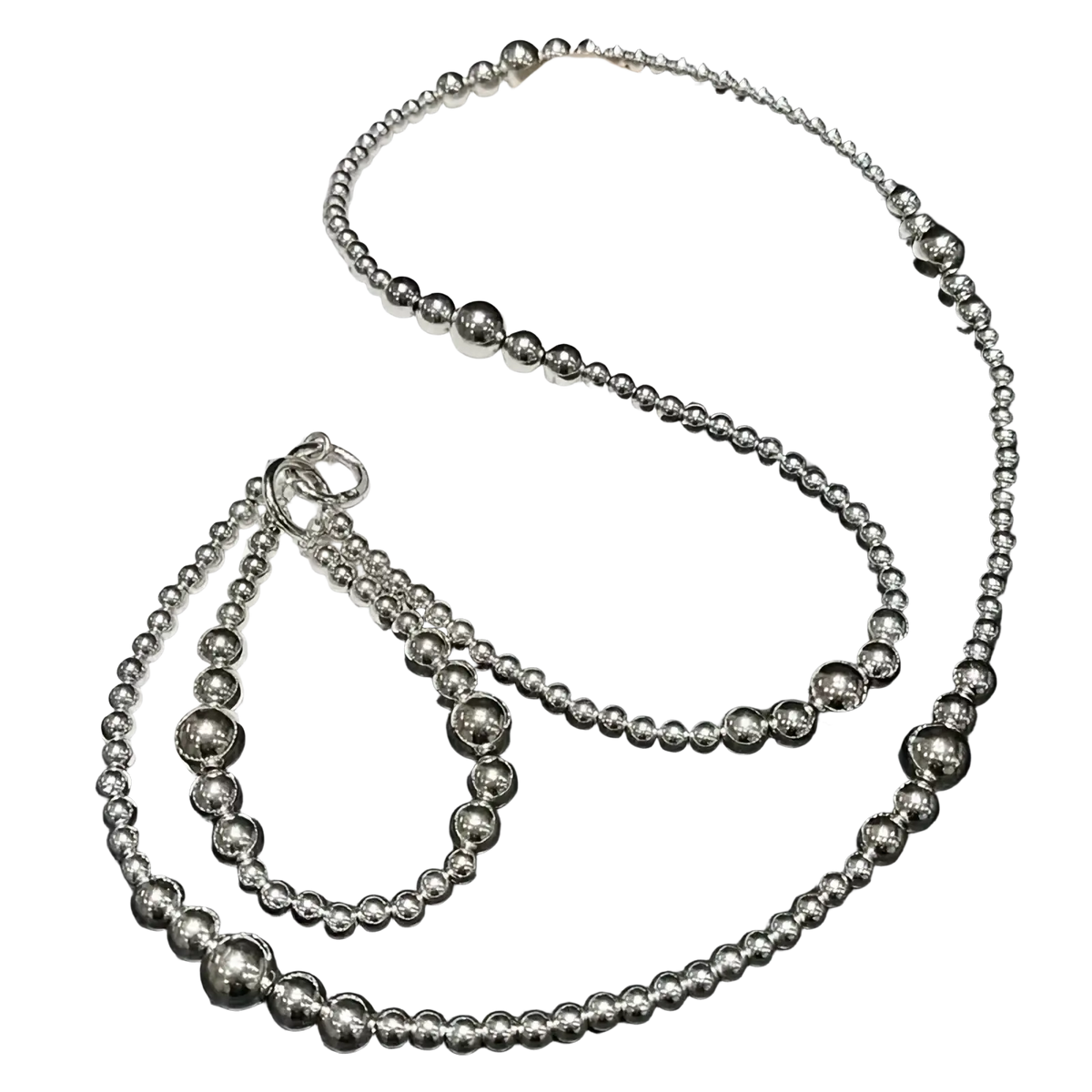 Silver beaded phone charm strap and wallet chain with small and large metallic spherical beads in silver finish