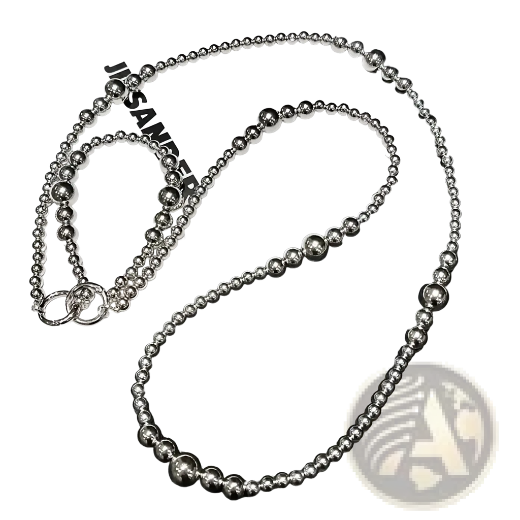 Silver beaded phone charm strap with chain link clasp designed as a wallet chain accessory