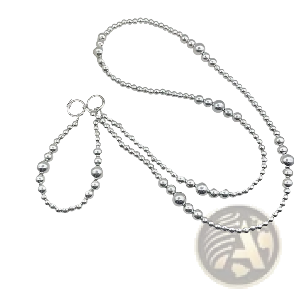 Silver beaded phone charm strap and wallet chain with double-strand design and small circular clasps in silver