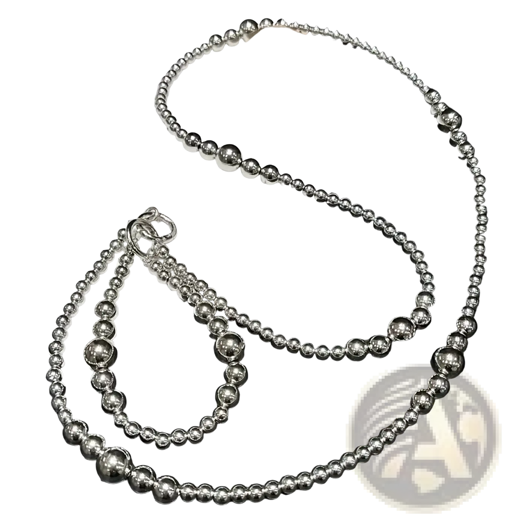 Silver beaded phone charm strap and wallet chain with small and large metallic spherical beads in silver finish