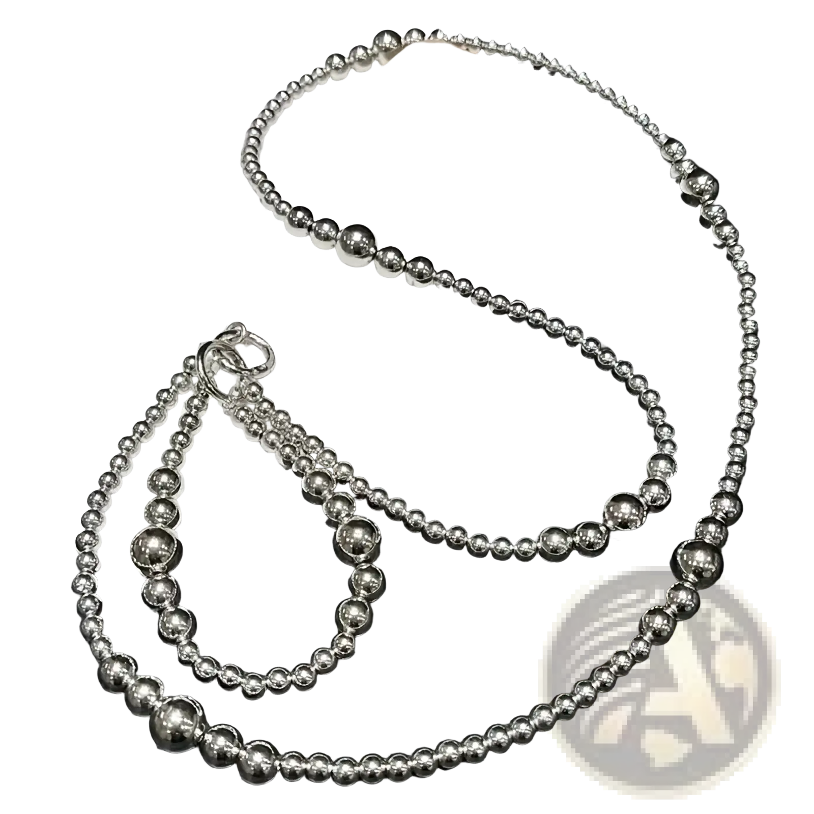Silver beaded phone charm strap and wallet chain with small and large metallic spherical beads in silver finish
