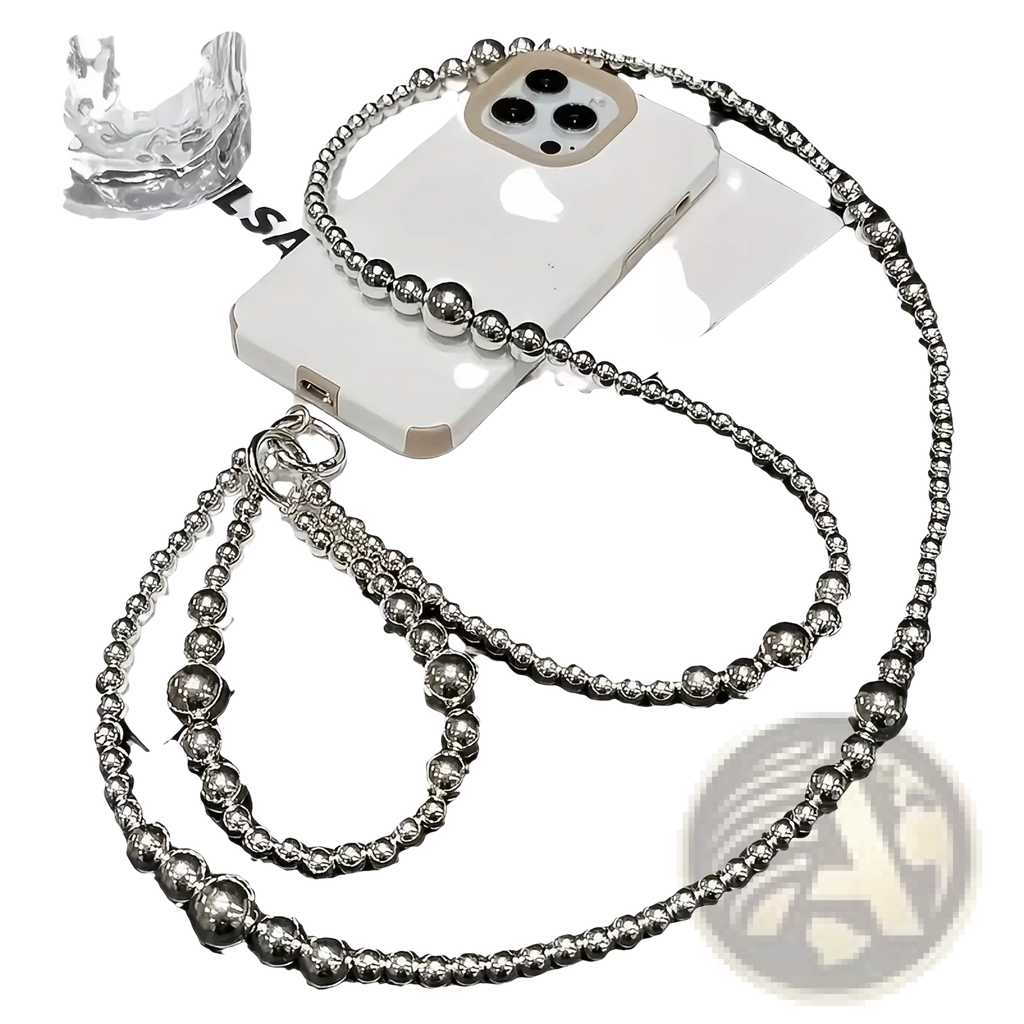 Silver beaded phone charm strap and wallet chain with sleek metallic finish and interlocking spherical beads