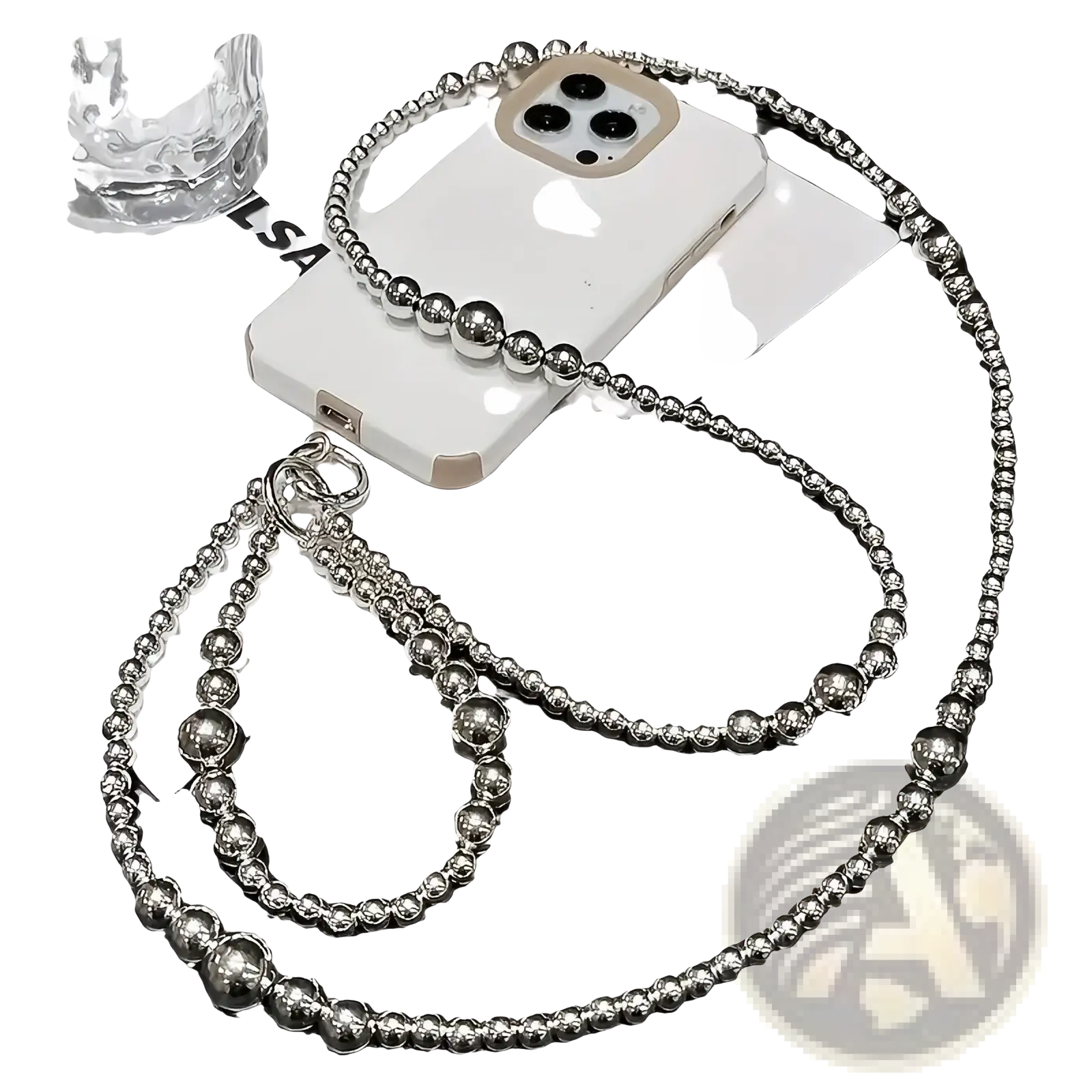 Silver beaded phone charm strap and wallet chain with sleek metallic finish and interlocking spherical beads
