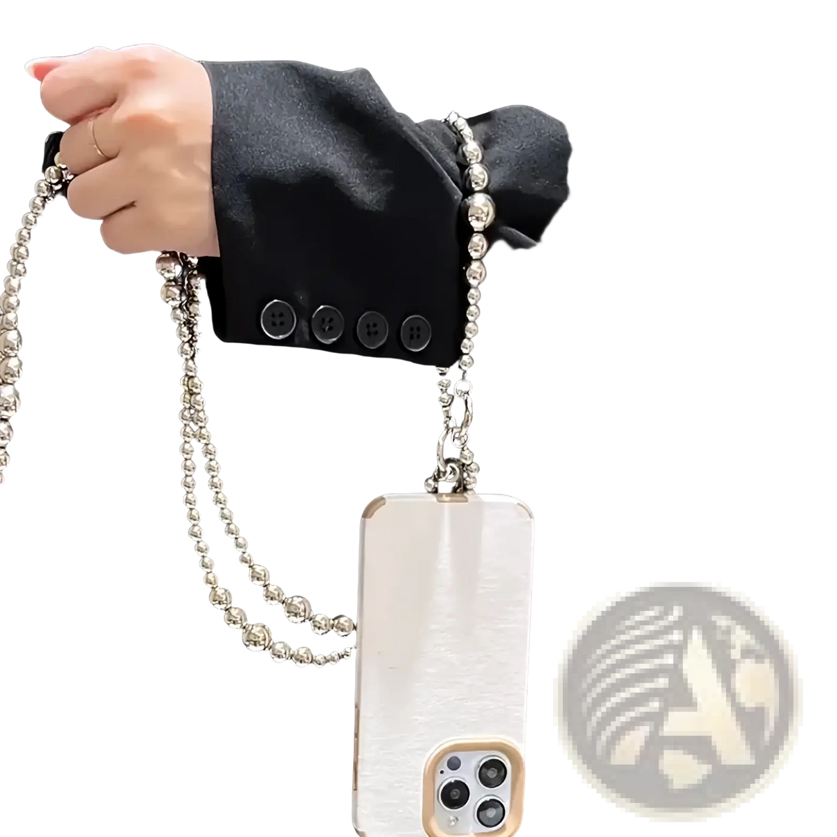 A sleek white phone case with a textured finish featuring an elegant silver beaded charm strap and wallet chain