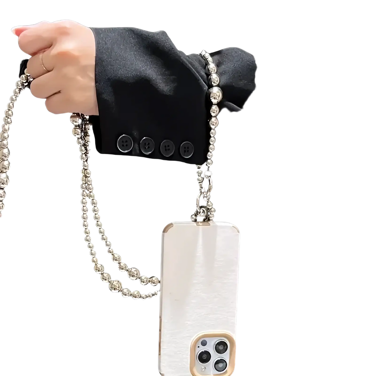 A sleek white phone case with a textured finish featuring an elegant silver beaded charm strap and wallet chain