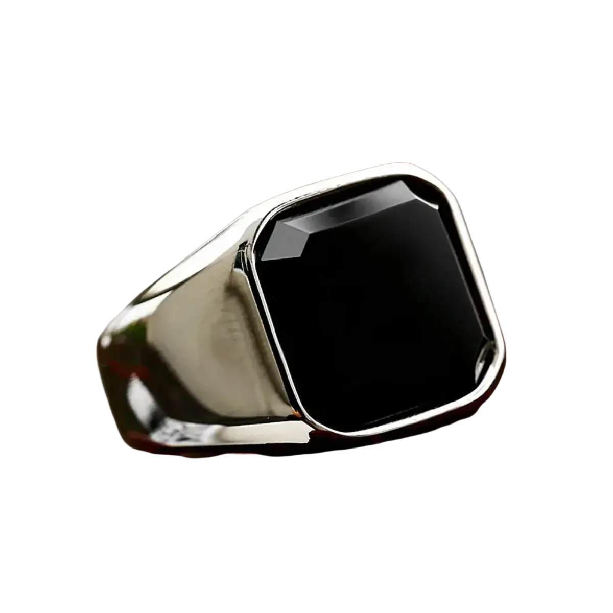 Silver black onyx signet ring for men and women featuring a square-cut black onyx stone set in a polished metal band