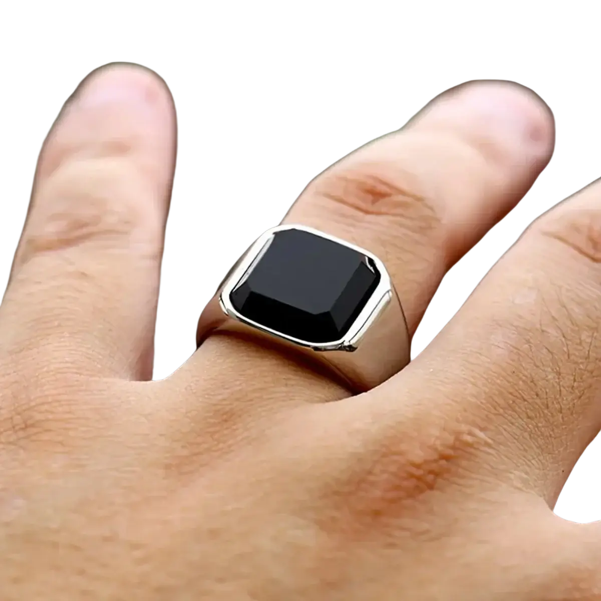 A sleek silver signet ring for men and women featuring a square-cut black onyx stone in a polished metal band