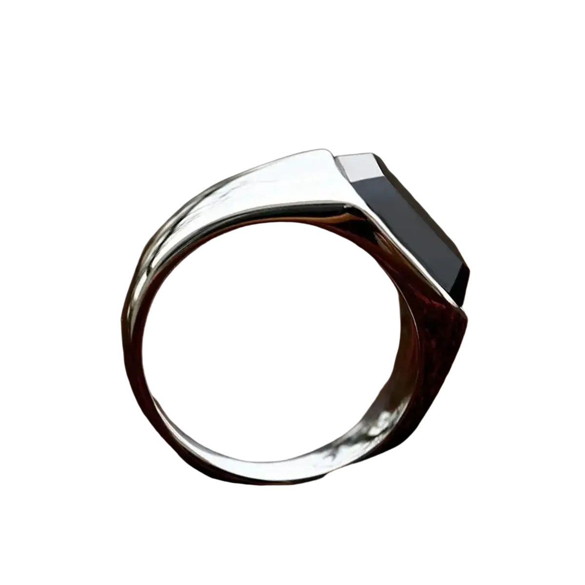Silver black onyx signet ring for men and women with a rectangular faceted stone in a sleek silver-toned band