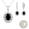 Elegant silver black onyx and clear crystal pendant necklace with matching hoop earrings in a silver-toned metal setting