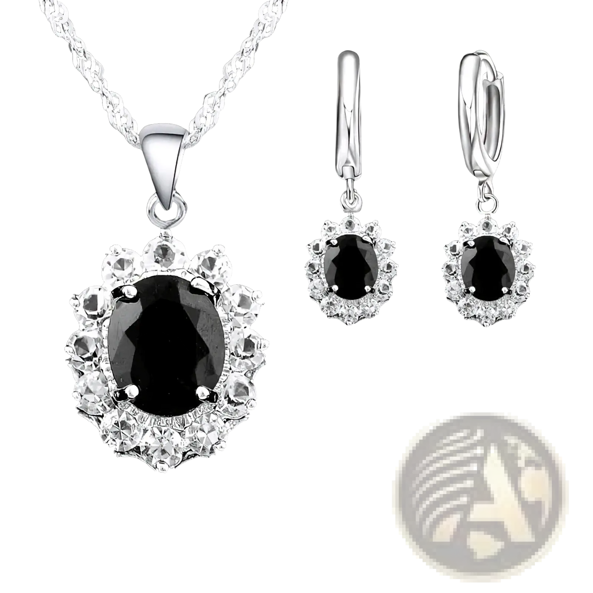 Elegant silver black onyx and clear crystal pendant necklace with matching hoop earrings in a silver-toned metal setting