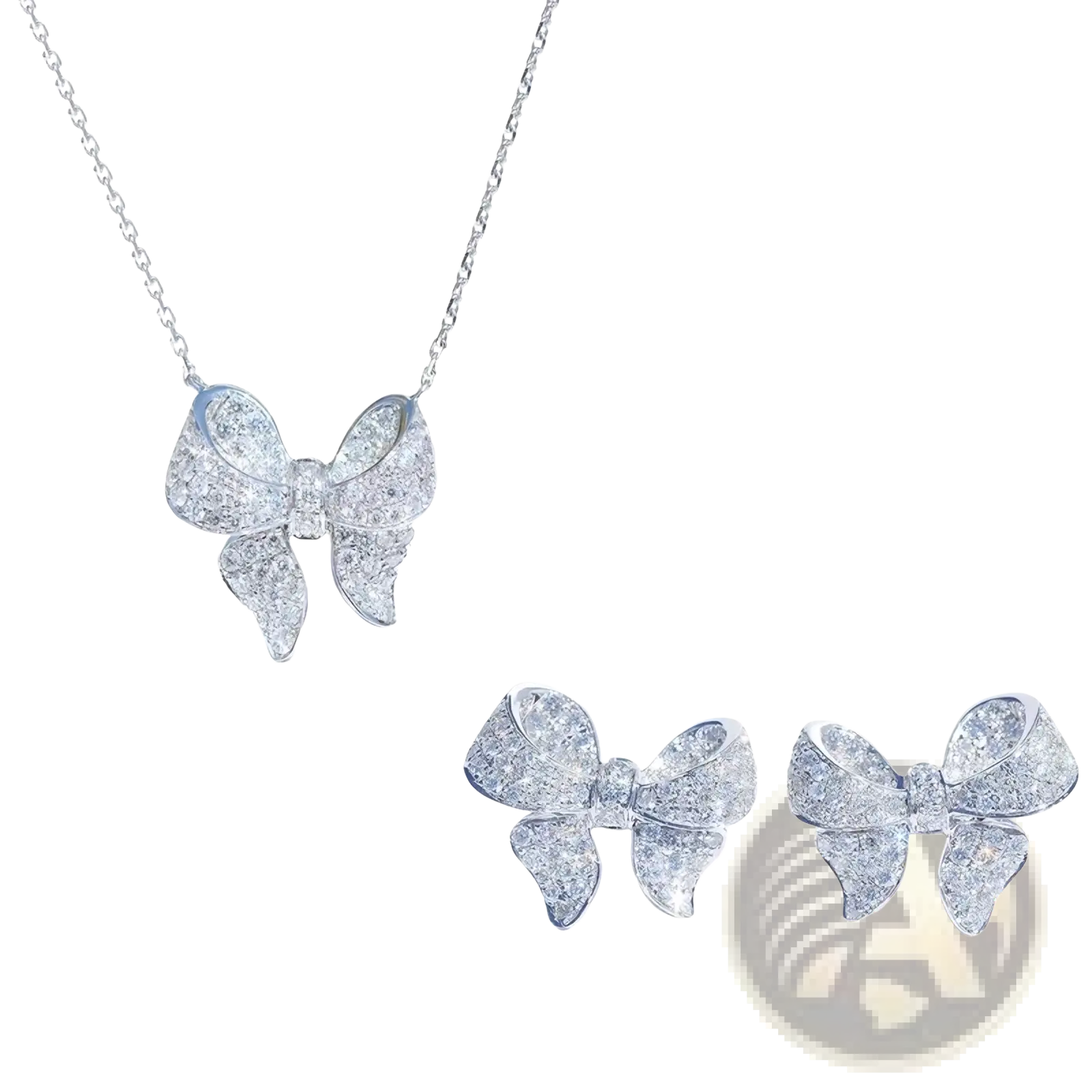 Silver bowknot zircon necklace and earrings set featuring a sparkling silver bow design adorned with clear crystals