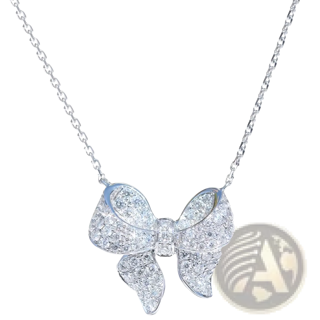 A silver bowknot zircon necklace with a sparkling silver bow-shaped pendant adorned with clear diamonds