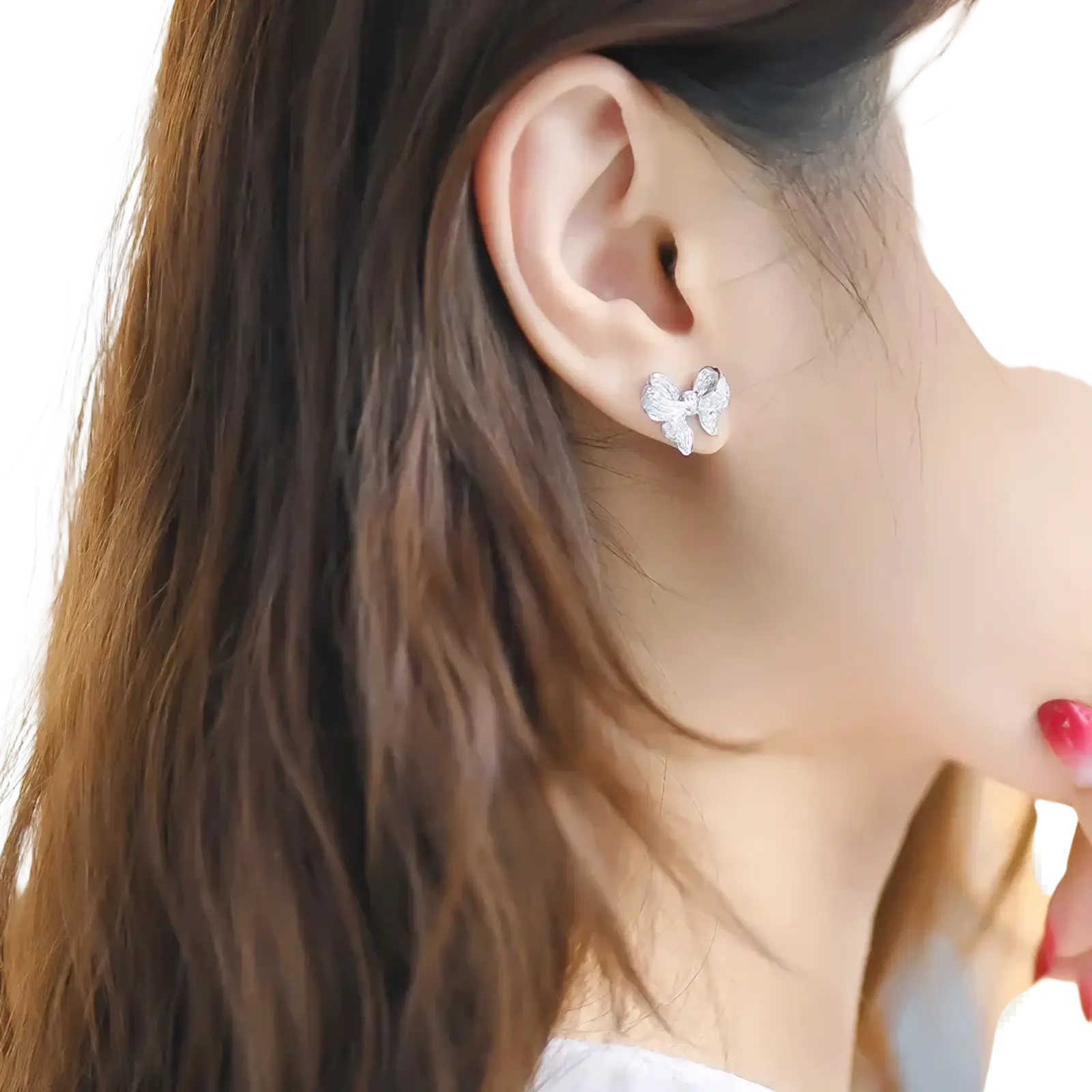 Silver butterfly-shaped stud earring with sparkling crystals from silver bowknot zircon necklace and earrings set