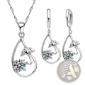 Silver bridal jewelry set sterling silver necklace and earrings with teardrop shape leaf design and clear crystals