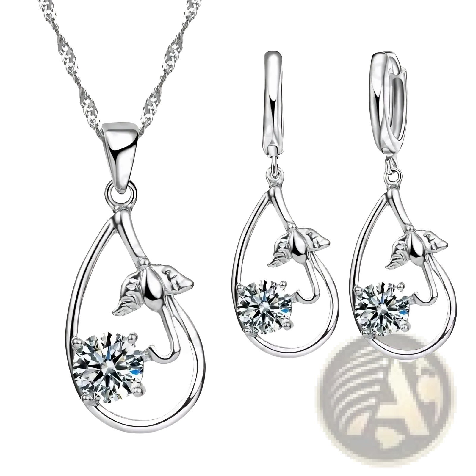 Silver bridal jewelry set sterling silver necklace and earrings with teardrop shape leaf design and clear crystals