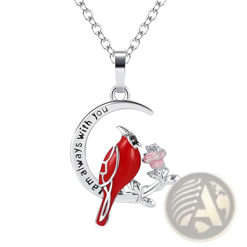 Silver cardinal heart engraved pendant necklace with silver crescent moon, red cardinal, pink rose, and sentiment engraving