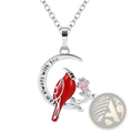 Silver cardinal heart engraved pendant necklace with silver crescent moon, red cardinal, pink rose, and sentiment engraving